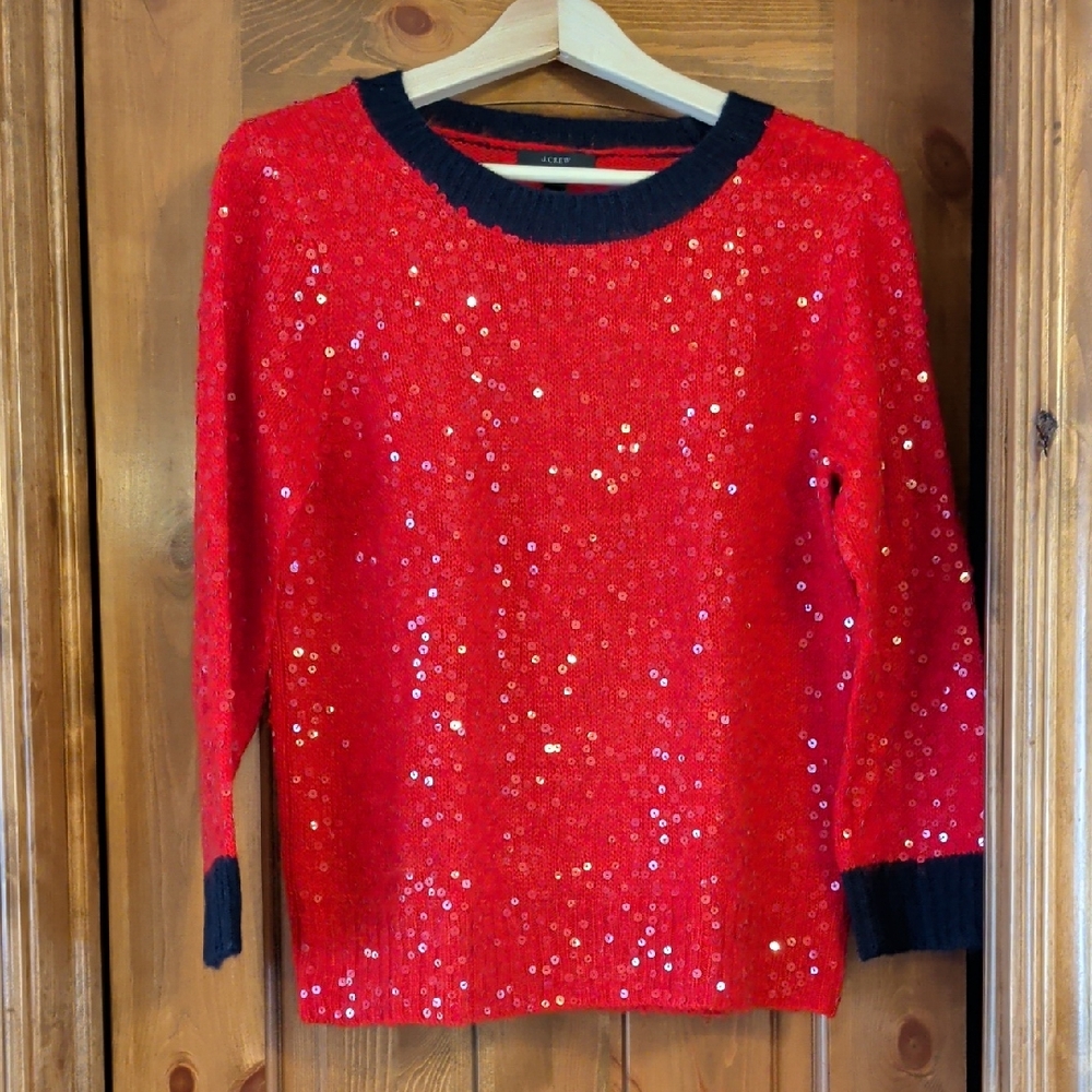 J. Crew Red Sequin Sweater with Navy Accents